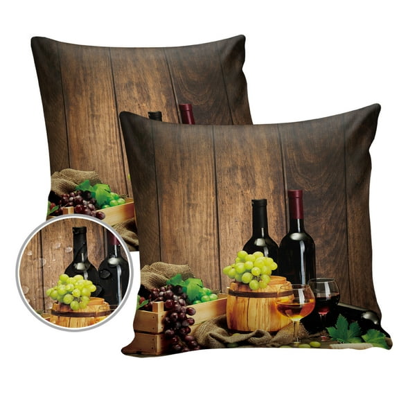 Pack of 2 Outdoor Pillow Covers, Glasses Wine Grapes Wine Barrels on Rustic Wooden Grain Waterproof Square Throw Pillowcase Cushion Decorative Pillow Covers for Couch Patio Tent, 16x16 in