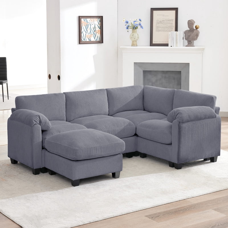 RIAFUN Modular Sectional Sofa, L Shaped Corduroy Sofa Couch, Modular Sectionals with Ottomans, 5 Seat Sofa Couch with Chaise for Living Room Bedroom, Dark Gray
