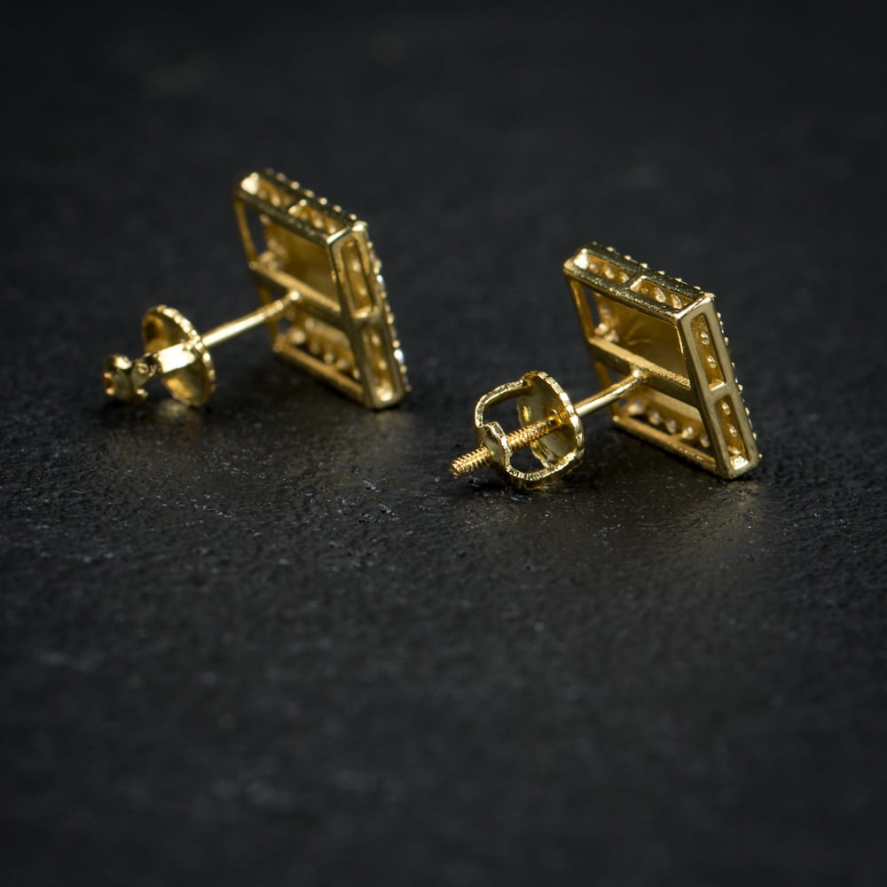Square Shape 14K Yellow Gold Plated 925 Sterling Silver Screw Back Post 3D Large Retro 90's Hip Hop Ice Out Cz Hypoallergenic Big 10mm Solid Gold Textured Nugget Stud Earrings For Men