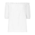 thumbnail image 5 of HUJlwoi Womens off Shoulder Tops Cotton Linen Short Sleeve Solid Color Shirts Summer Casual Loose Fashion Outfits Blouses, 5 of 6