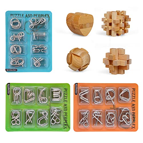 9-Piece Retro Wood & Metal Brain Teaser Puzzles - IQ Logic Games For Kids & Adults