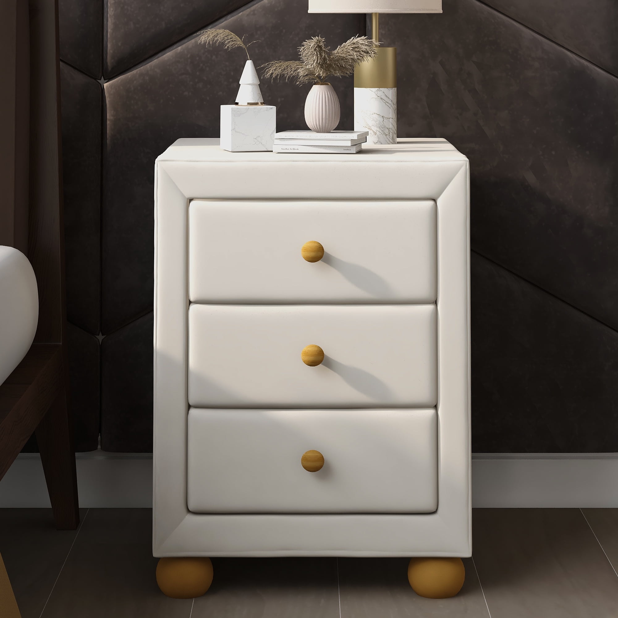 Bed Nightstand, Nightstand with 3 Drawers, Upholstered Nightstand