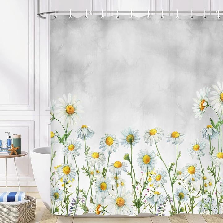 Daisy Shower Curtain, Floral Daisy Fabric Bathroom Curtains, Rustic Farmhouse Boho Shower Curtain Set, White Daisy Bathroom Shower Curtain with 12PCS Hooks, 70X75IN（Grey）