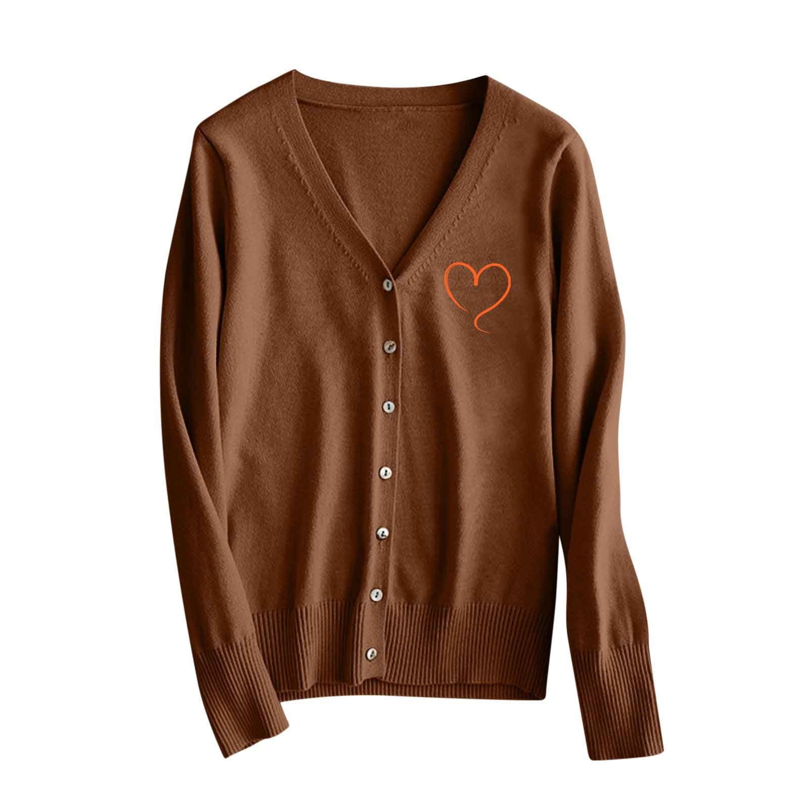 BiZtdJrK Women's Cardigan Sweaters Heart Printed Long Sleeve Button Down Sweater Cardigans V Neck Fashion Fall Open Front Knit Sweater Jackets Brown L