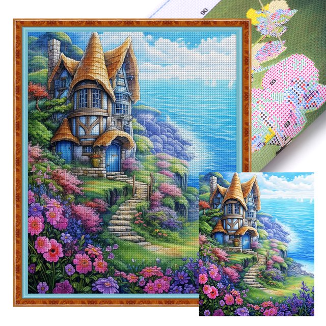 Hilo Algodón Ecológico Bordado Punto Cruz Con Cabaña Junto Al Mar 11CT 45x55cm