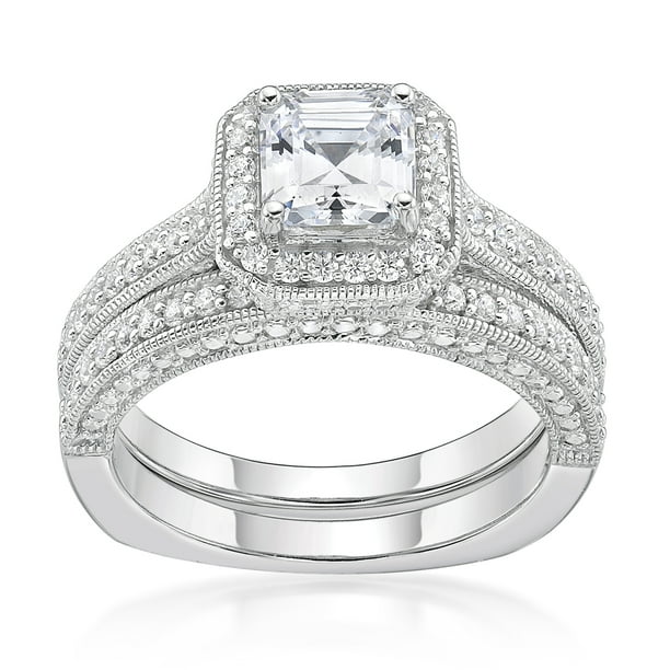 Brilliance Fine Jewelry Sterling Silver Simulated Diamond Squared Bridal Set Ring Walmart Com Walmart Com