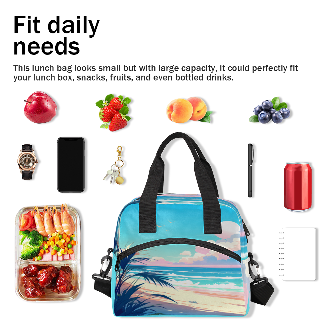 Herdesigns Tropical Beach Insulated Lunch Bag for Women Men Adults Large Reusable Lunch Box Summer Seaside Leakproof Cooler Tote Bags with Adjustable Shoulder Strap