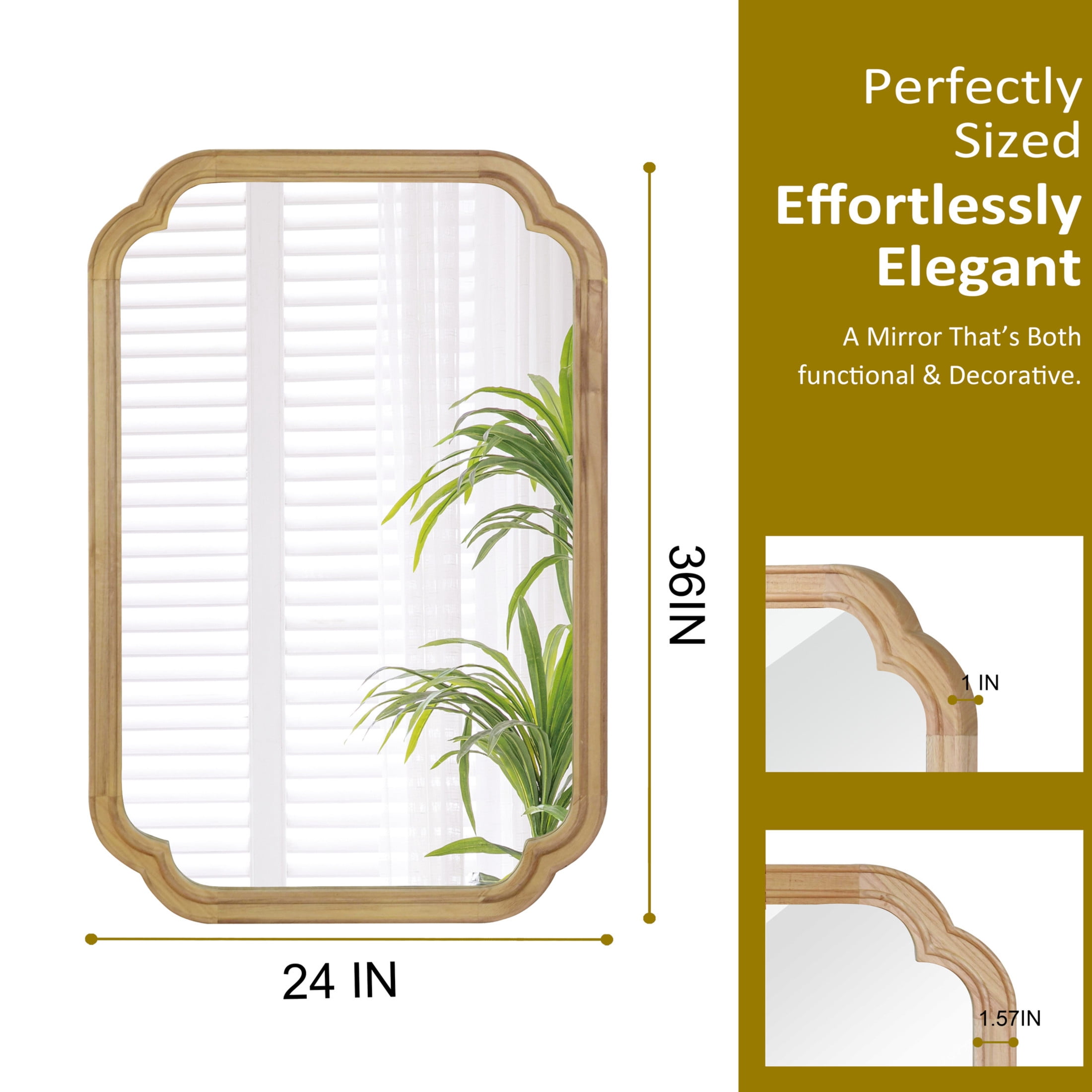 Noble House 24x36 Inch Rounded Corner Wall Mirror, Solid Wood Decorative Vanity Mirror, Natural