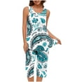thumbnail image 3 of BiZtdJrK Women's Two Piece Set Casual Sleeveless Tank Tops and Cropped Pants Lounge Sets Trendy Print Pleated Crewneck Shirts Capris Sleepwear Outfits White S, 3 of 7