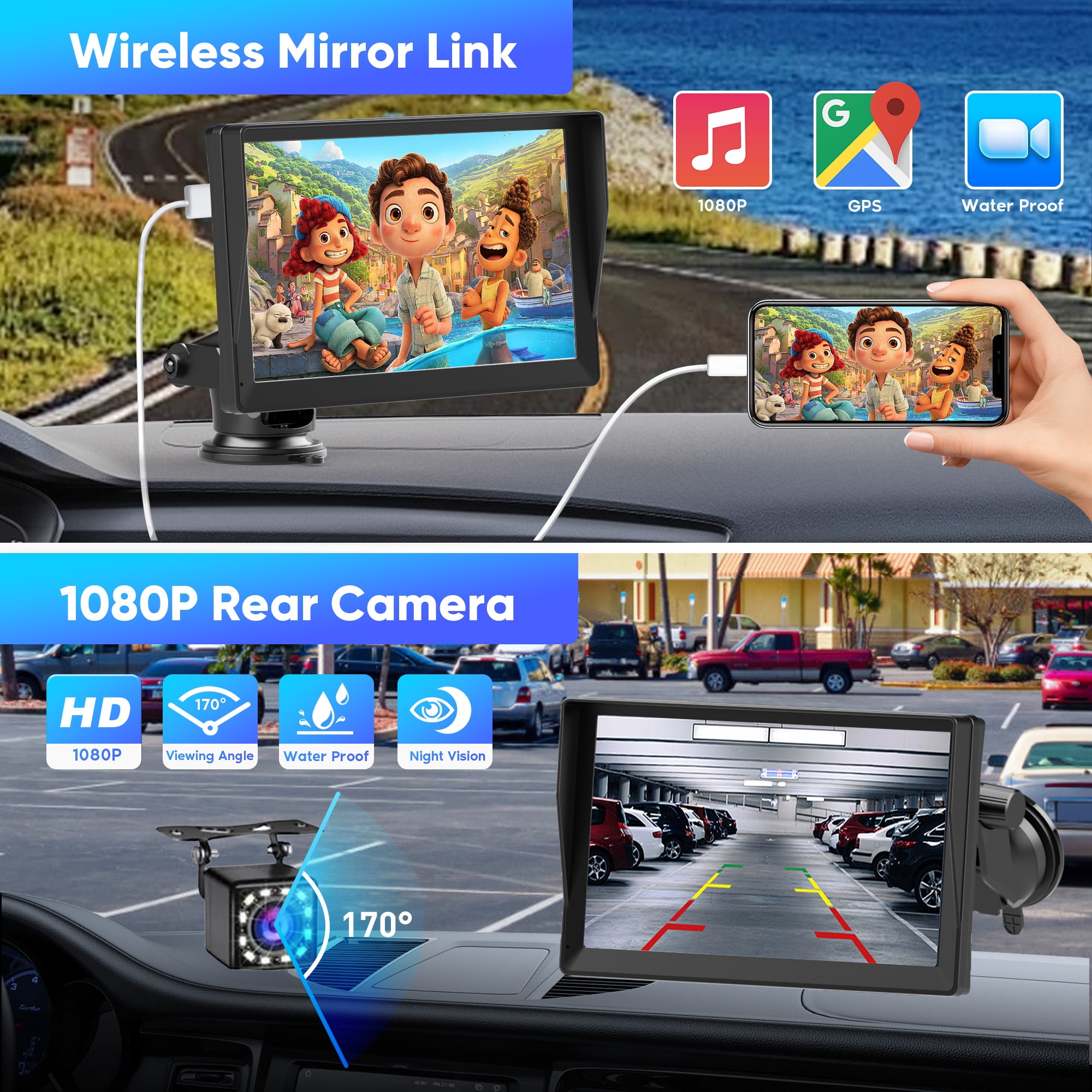New Portable 9'' Wireless Apple Carplay for Universal Vehicle, Touchscreen Car Stereo with 1080P Rear Camera and TF Card