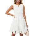 thumbnail image 2 of vigerkar Women's Summer Sleeveless Mini Dress V Neck Hollow Out Eyelet High Waist A Line Swing Short Party Dresses White, S, 2 of 7