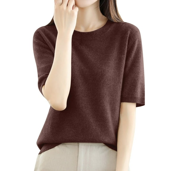 WNEGSTG Shirts for Women Plus Size Round Neck Solid Color Basic Knit T Shirt Coffee