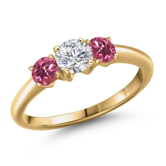 Gem Stone King 18K Yellow Gold Plated Silver Lab Grown Diamond and Pink Tourmaline Engagement Ring for Women | 1.00 Cttw | Round 5MM | Gemstone April Birthstone | Size 6