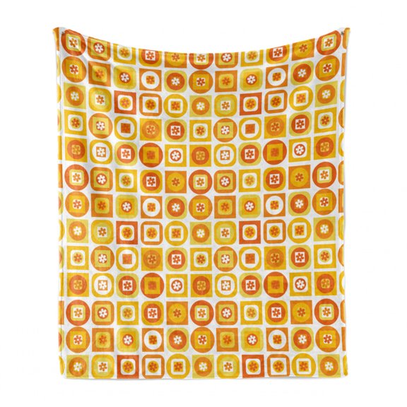 Floral Soft Flannel Fleece Throw Blanket, Cubes Squares Geometric Botany Art Rhythmic Illustration Pattern, Cozy Plush for Indoor and Outdoor Use, 50" x 60", Orange Mustard, by Ambesonne