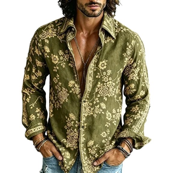 Mens Vintage Floral Lapel Long Sleeve Shirt, Soft Button Down Blouse, Retro Street Travel Casual Men Shirt