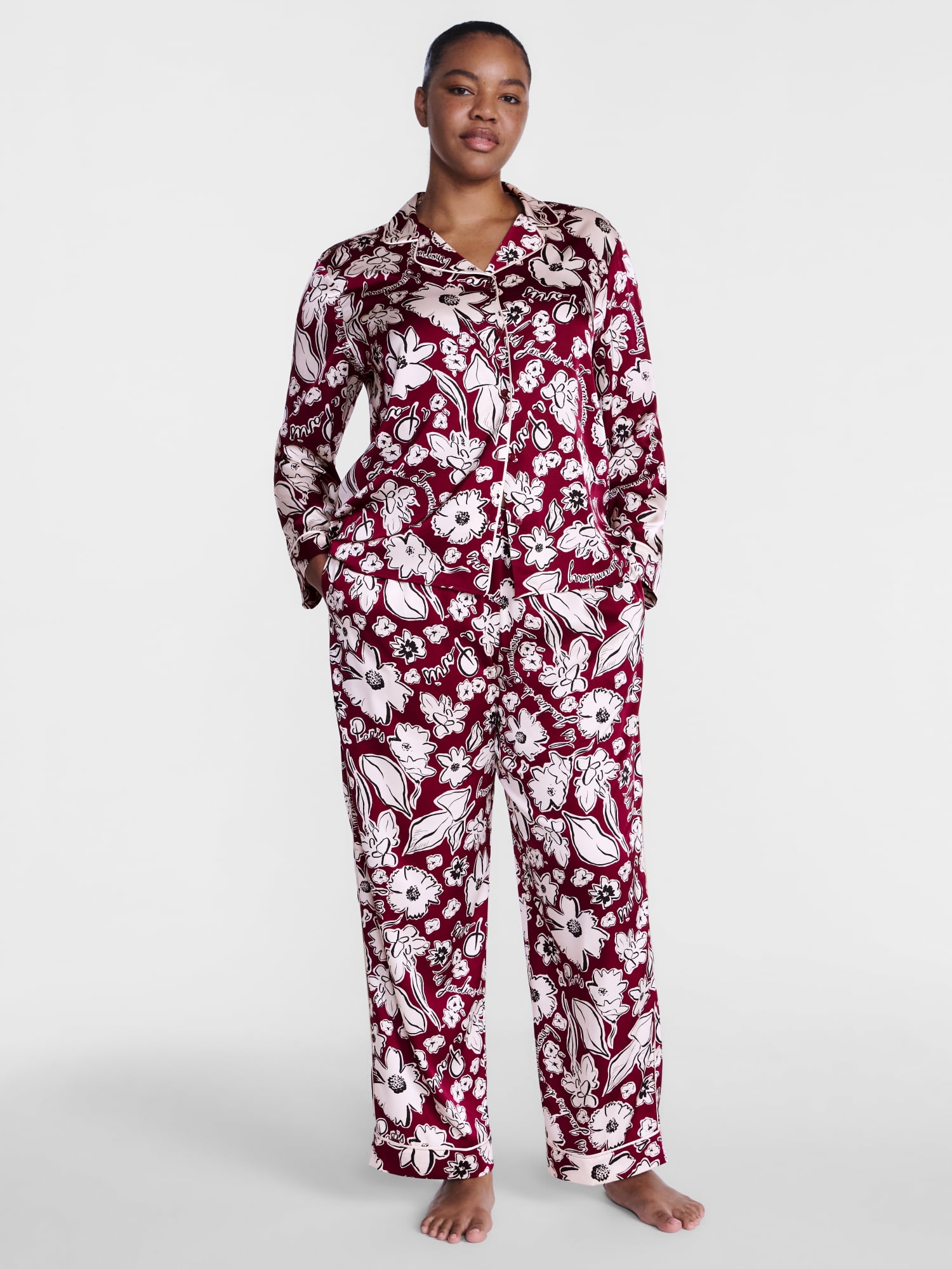 Joyspun Women’s Stretch Satin Sleep Top and Pants, 2-Piece Set, Sizes XS to 3X