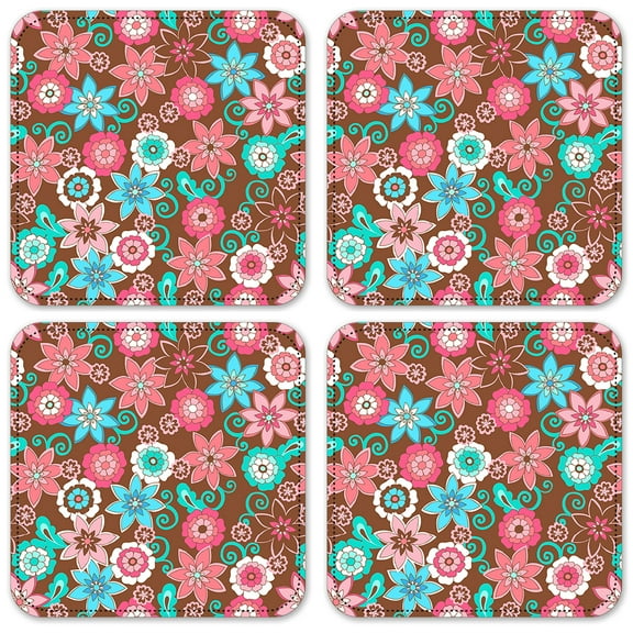 Vinyl Drink Coasters - Set of 4 - Retro Floral Seamless
