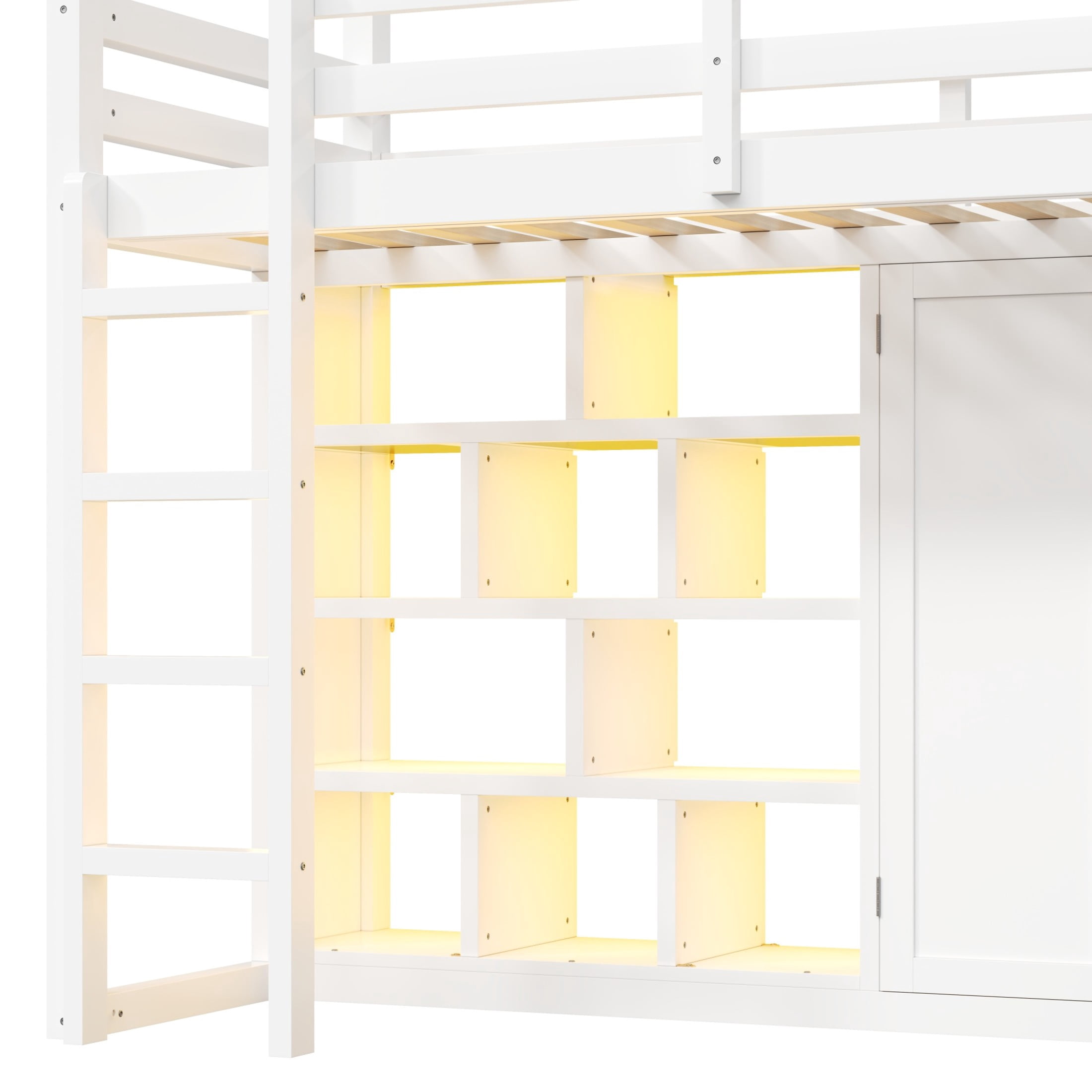 Noble House Briva Twin Wood Loft Bed with Wardrobe, Storage Shelves, Slide and LED Lighting, White
