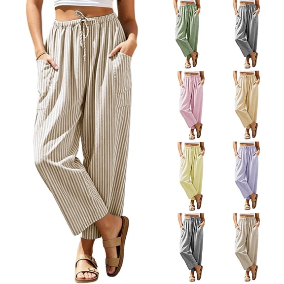 Admvng Striped Pants for Women Drawstring Waist Casual LooseFit Linen Trousers with Pockets