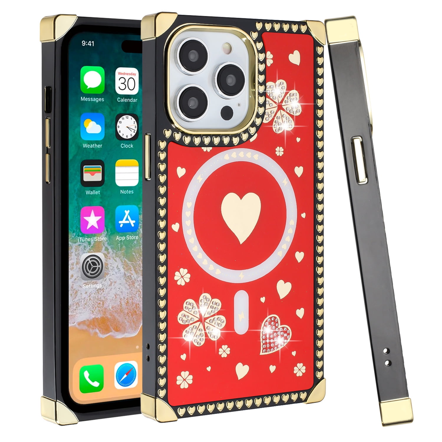 for Apple iPhone 14 Pro Max 6.7 Passion Square Hearts Diamond Glitter Ornaments Engraving Case Cover - Good Luck Floral White