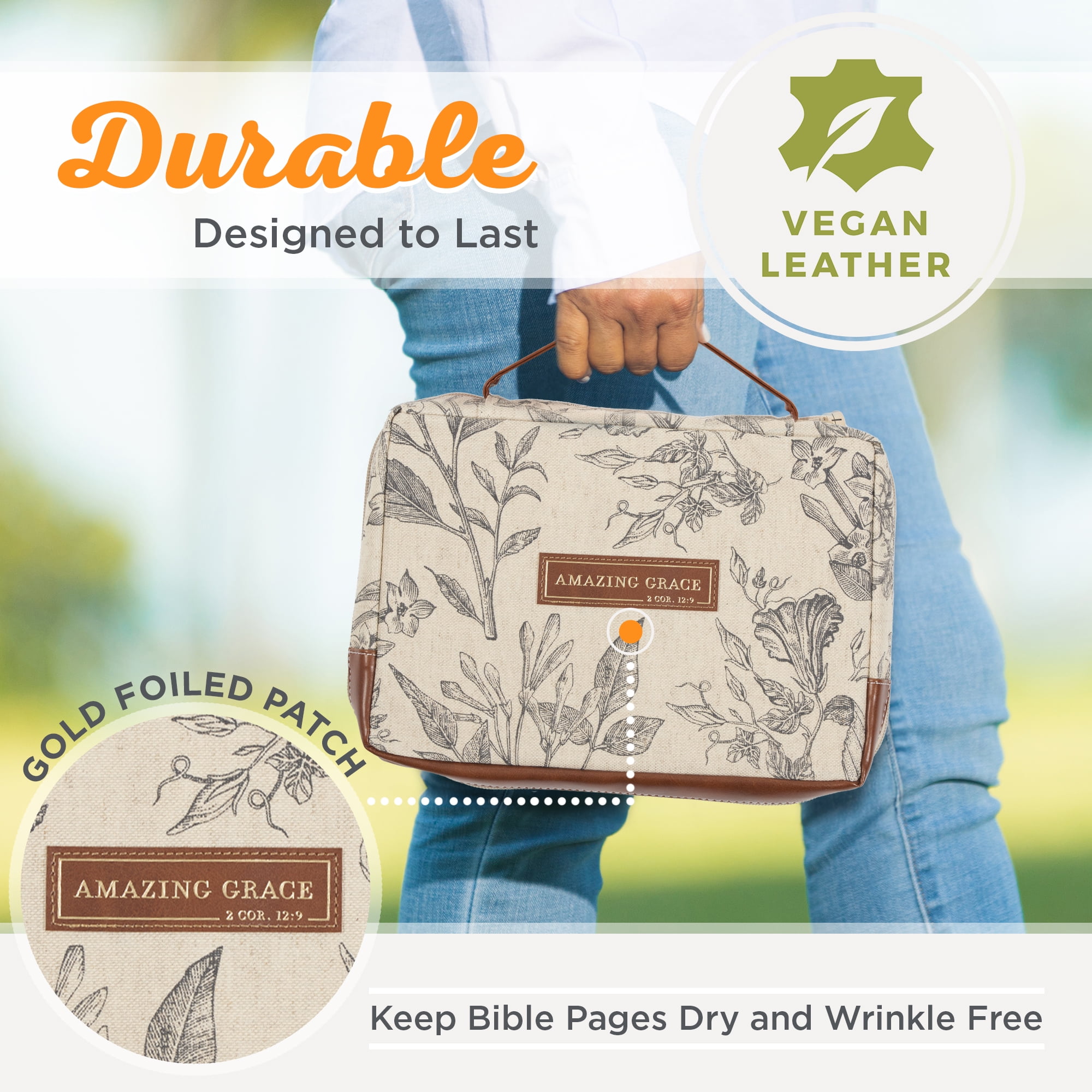 Christian Art Gifts Premium Vegan Leather Fashion Bible Cover for Women: Amazing Grace - 2 Cor. 12 Inspirational Scripture, Sturdy Protective Book Carry Case Bag Accessory, Creamy Brown Floral, Medium