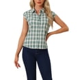 thumbnail image 1 of Camisa de botones de cuadros con cuello puntiagudo y mangas cortas para mujer INSPIRE CHIC en verde y blanco, 1 of 6
