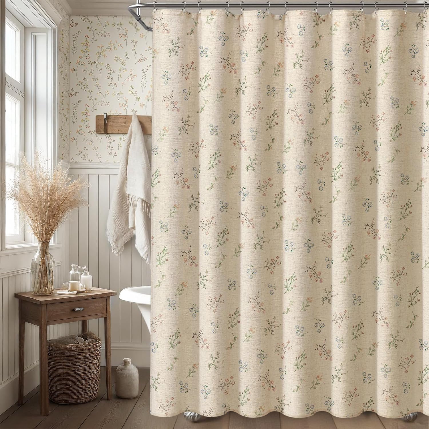 Psoiuetr Beige Linen Shower Curtain Floral Vintage French Country Shower Curtain for Bathroom 72" W x 72" L