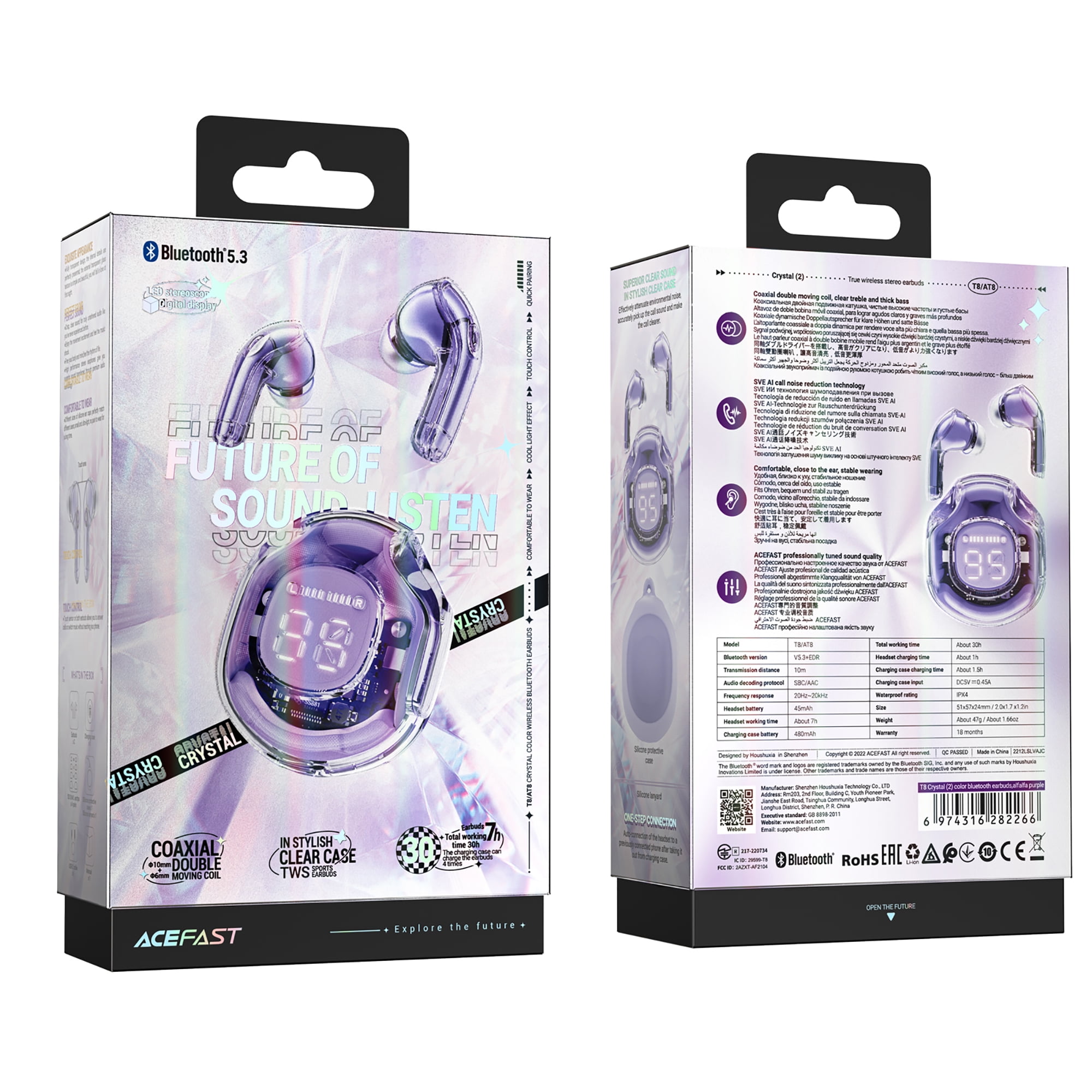 ACEFAST TWS Wireless Bluetooth Earbuds Bass Stereo Noise Reduction Headset with Mic in Ear Headphones for Iphone/Android (Alfalfa Purple)