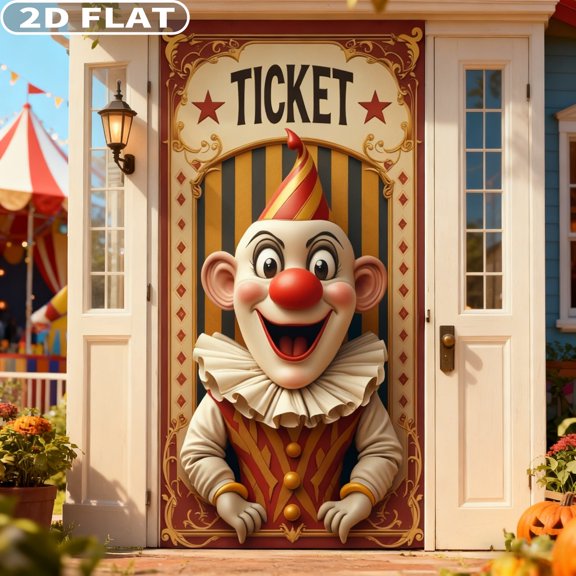 2D FLAT 1pc Tapestries Carniva Evil Circus Door Banner Creepy Carnival Party Door Cover Scary Clown 35.43x70.87Inch Polyester Halloween Party Decor for Festival Holiday Outdoor Indoor Wall Decor