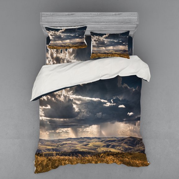 Ambesonne Nature Bedding Set 4 Pcs, Fluffy Clouds Mountains, Queen, Multicolor