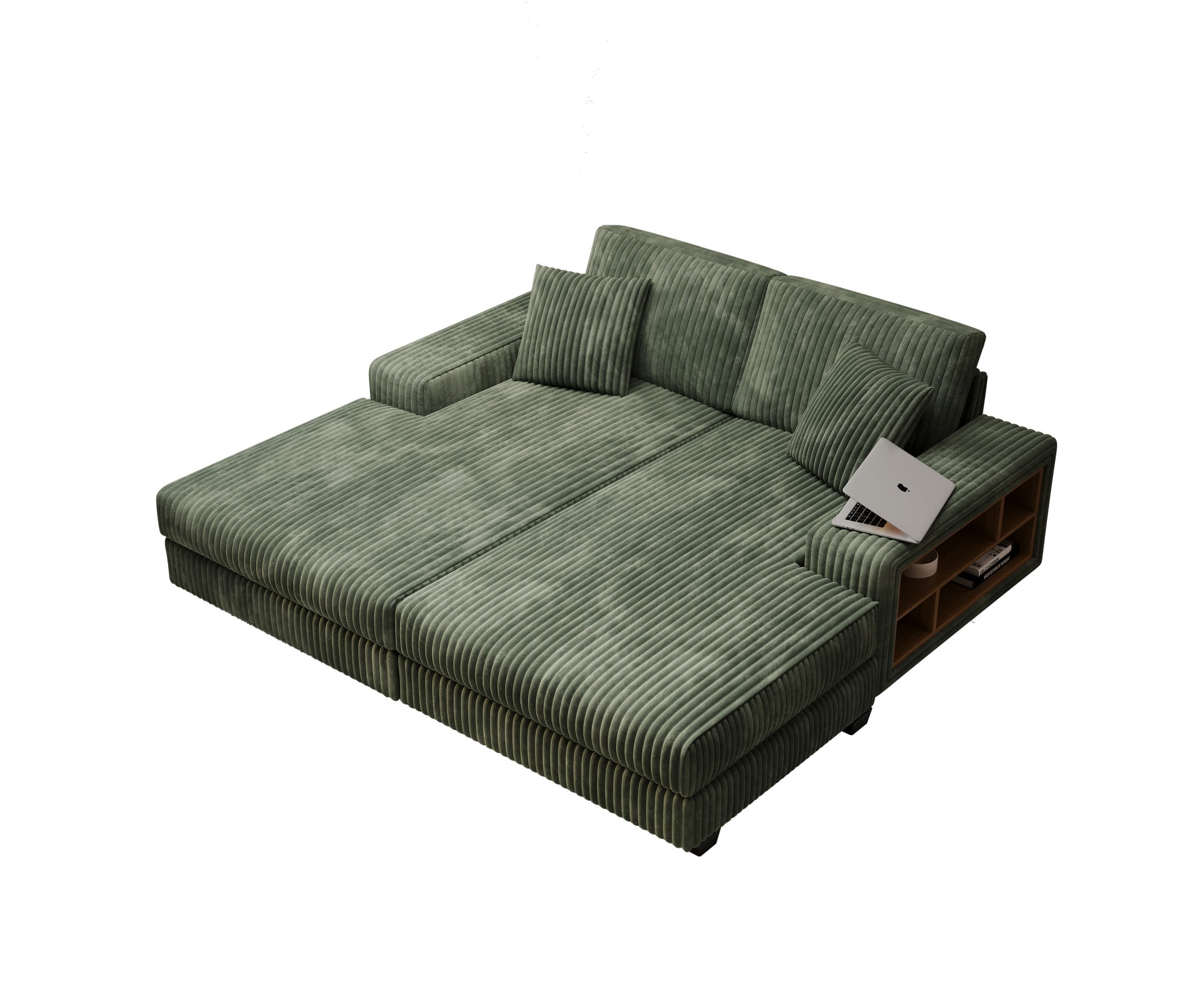 Aukfa 79.5" Oversized Double Chaise Lounges Sofa, Plush Corduroy Sectional with Storage Armrests, Memory Foam Loveseat Sleeper Sofa Couch for Living Room/Bedroom, Green