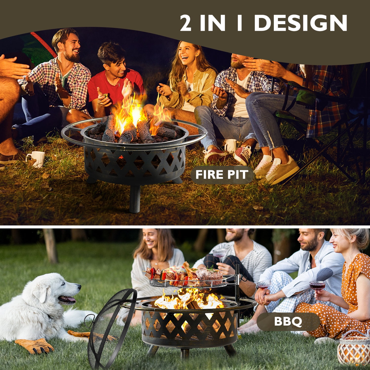 BaPiPro Fire Pit for Outside 30 inch Outdoor Wood Burning Firepit Large  Steel Firepit Bowl with Removable Cooking Swivel BBQ Grill for Backyard