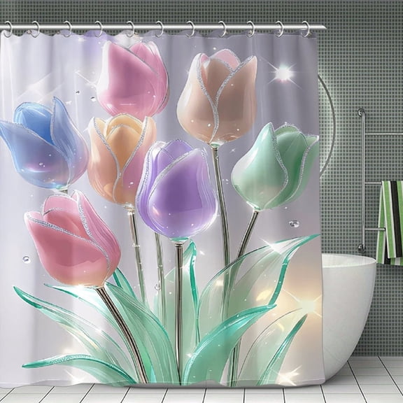 Potopok Colorful Glass Tulip Shower Curtain Set, crystal clear & dreamy romantic design, easy to clean, waterproof polyester with hooks, for bathroom, shower, or room divider, 70.8x70.8 Inch