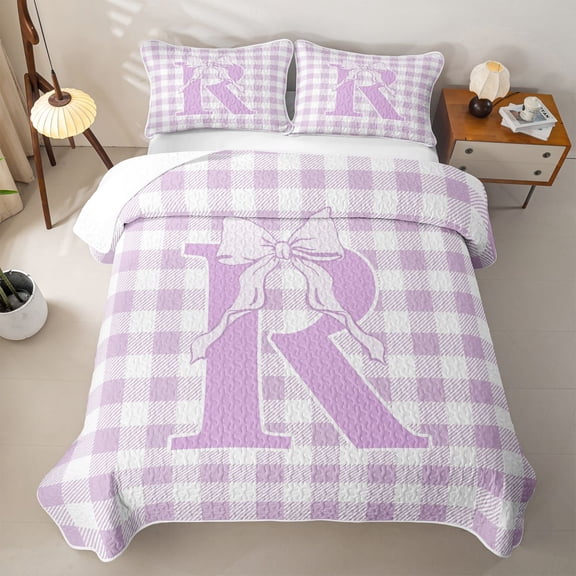 Catabedysis Modern Geometric Plaid Quilt Full,Bowknot Monogrammed R Design Full Bedspread Sets For Girls,3 Pieces