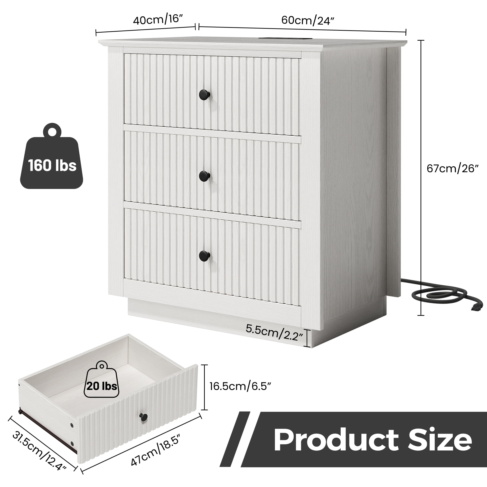 IDEALSOUL Nightstand, 24" Wide End Table with Storage, Fluted Nightstand with USB Charging Station, Large 3 Drawers nightstand for Bedroom Living Room(1pc, White)