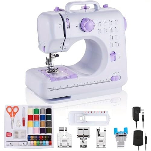 Portable Mini Electric Sewing Machine – 12 Built-in Stitches,2-Speed Control,Foot Pedal Operation,Built-in Light,Storage Drawer & Complete Sewing Kit – Perfect for Beginners & Home Use (Purple）