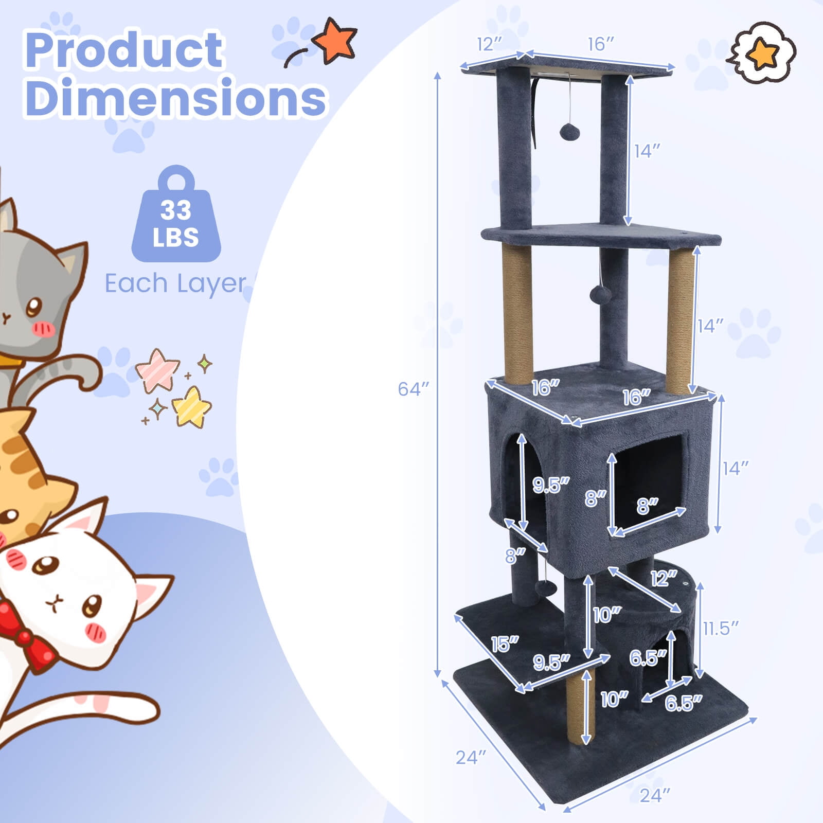 Costway 64” Tall Cat Tree with 2 Large Condos, Jute Scratching Posts, Plush Top Perch Dark Gray