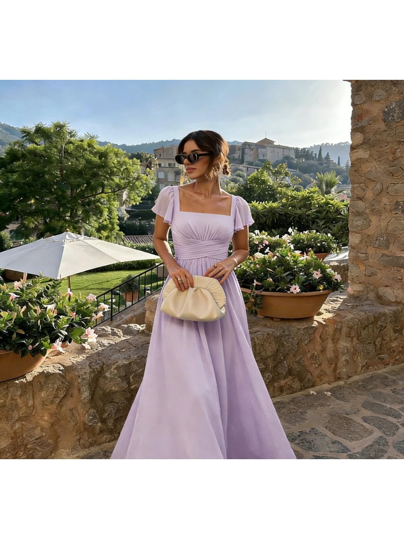 pocket bridesmaid dresses LYQDRSS Flutter Sleeves Square Neck Chiffon Maxi Dress A Line Formal Dress with Zu022, Women's, Size: 24 Plus, Clear Size:12-18m shoulder Sleeves color-name: Dusty Rose 28 Beach Engagement Photos