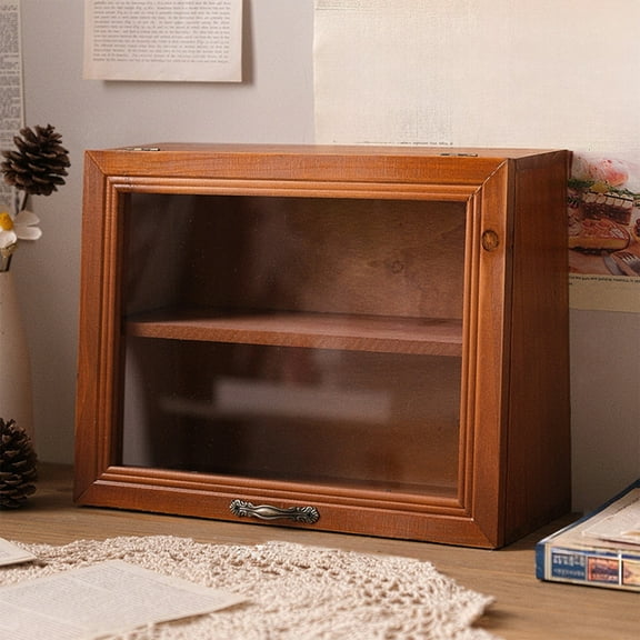 Wuztai Wooden Storage Box with Glass Door, 2-Tier Desktop Organizer Cabinet for Doll Makeup Spices, Home Decor Shelf