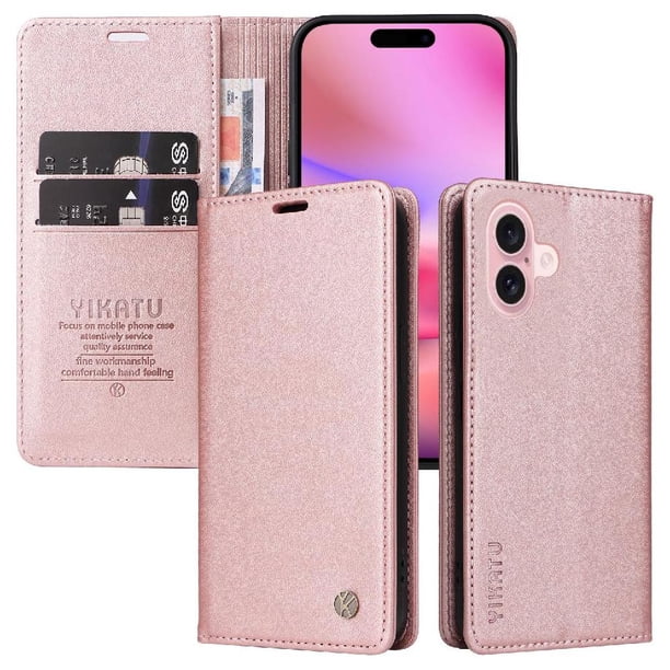 Funda para iPhone 16 Estuche de Cuero PU Tipo Cartera con Ranuras para Tarjetas y Cierre Magnético