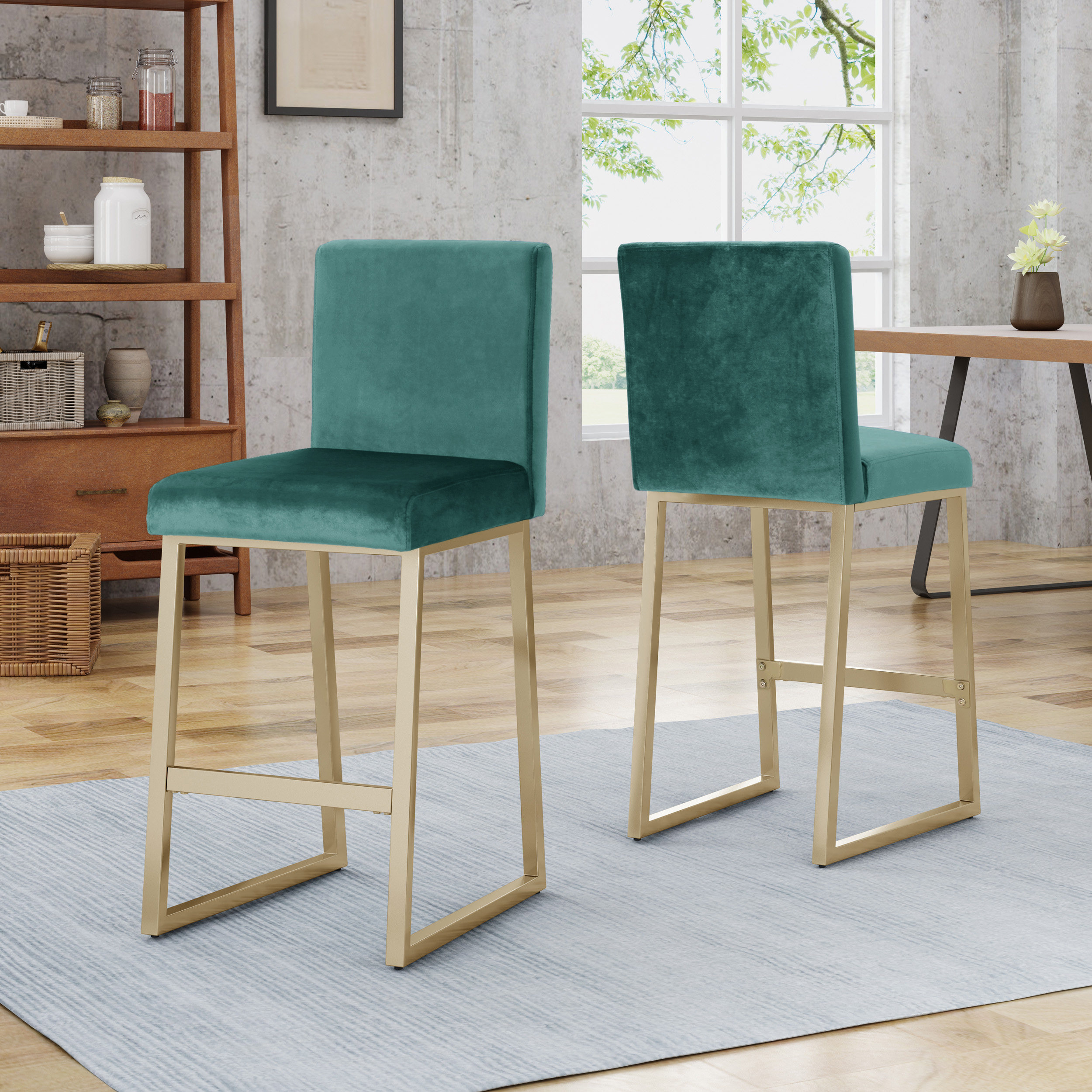 GDF Studio Lexi Glam Velvet Upholstered 27 Inch Barstools Set of 2 Turquoise