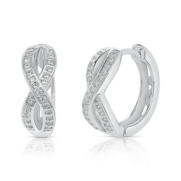 Tilo Jewelry Solid 925 Sterling Silver Infinity Pave Huggie Hoop Earrings with Cubic Zirconia CZ Stones | 17mm Small | Dainty Everyday Earrings for Women & Unisex