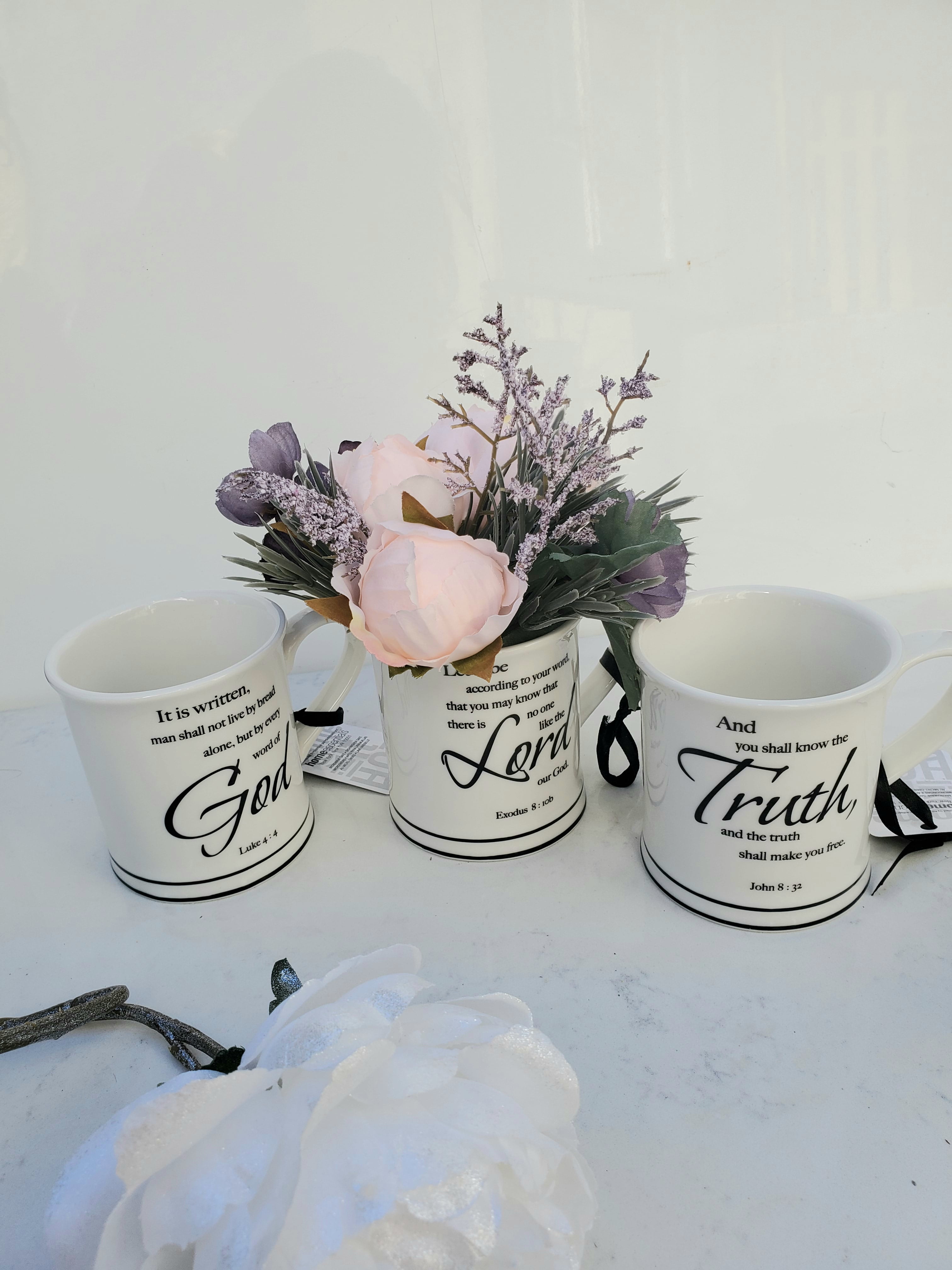 Set of three christian coffee mugs with kitchen decor flowers