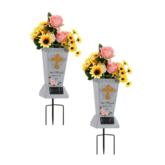 Set of 2 Solar Cross Cemetery Vase for Graves, Memorial Flower Holder with Angel Blessing Inscription, Waterproof Grave Decor with 3 Stabilizing Stakes, Memorial Gift for Lost Loved Ones