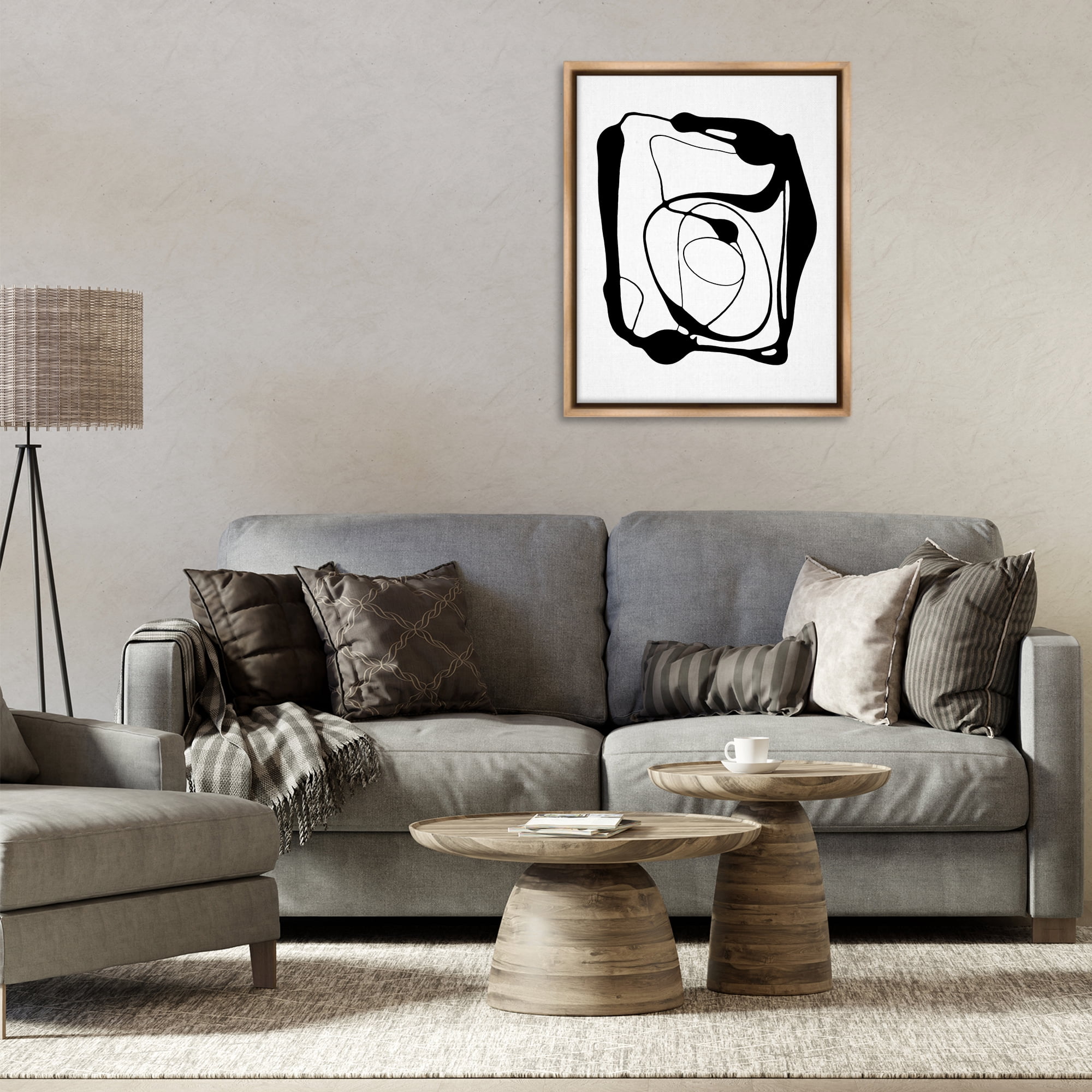Stupell Industries Black Swirled Figure Abstract Painting Brown Floater Framed Canvas Art Print Wall Art, 25 x 31