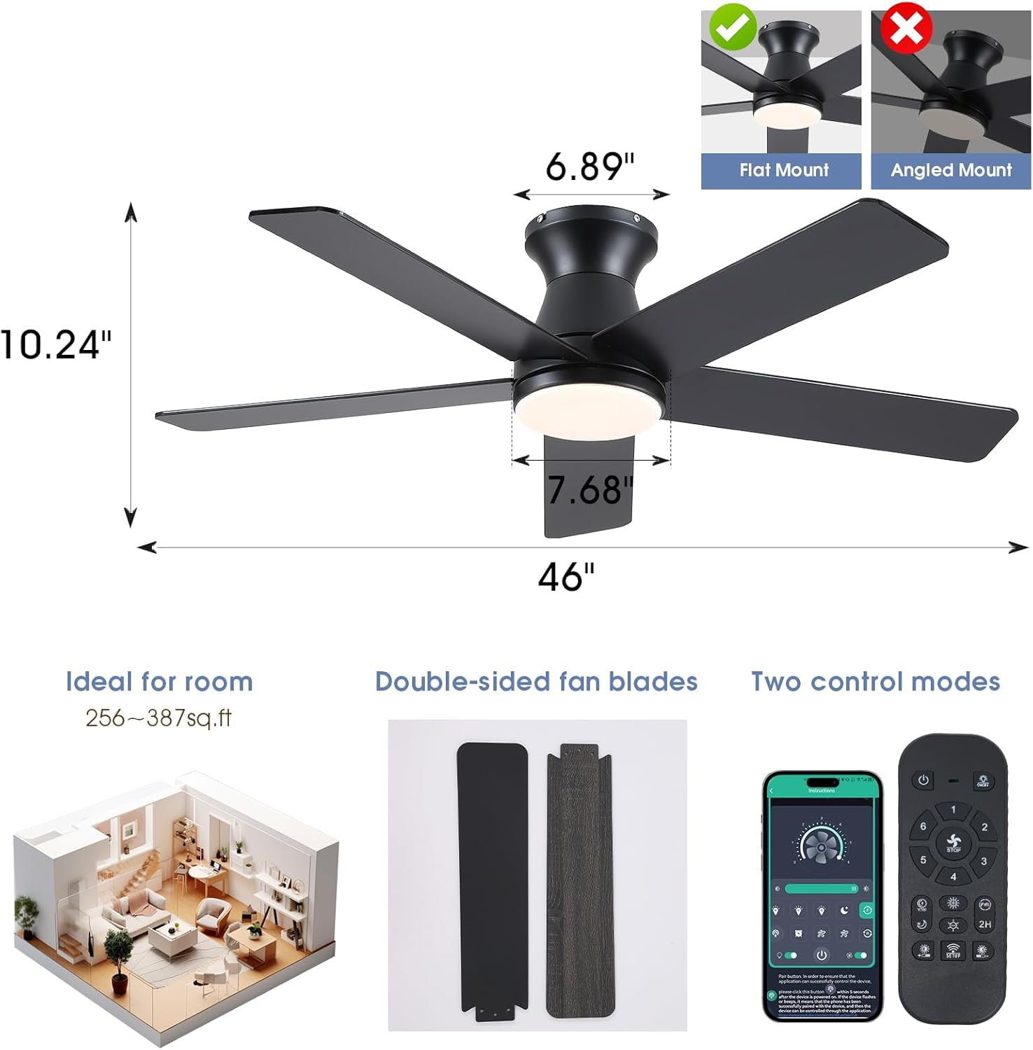 YIOSI 46" Black Low Profile Ceiling Fan with LED Lights, Quiet DC Motor, Remote Control, Reversible Modern Flush Mount Fan for Living Room, Kitchen, Bedroom, Patio - Indoor/Outdoor