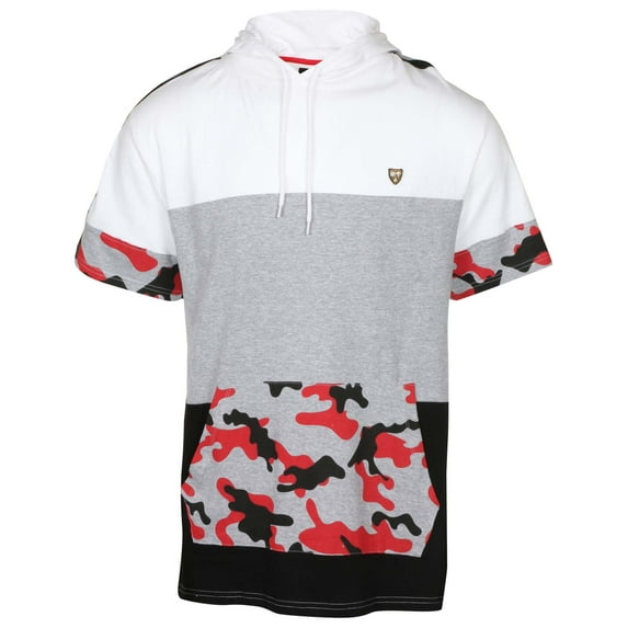 9 Crowns Men's Short Sleeve Color Block Sweatshirt Hoodie (Medium, White/Grey/Black)