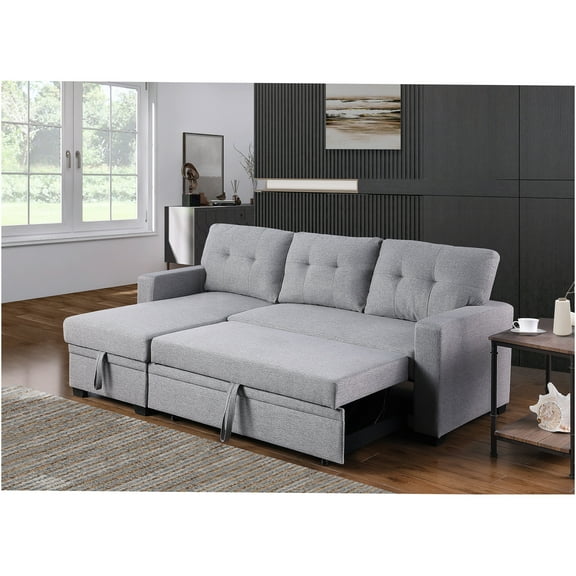 JERFIT Modern Convertible Sleeper Sofa Bed with Storage Chaise, Linen Fabric Sectional Couch, Pull Out Futon for Small Space, Light Gray