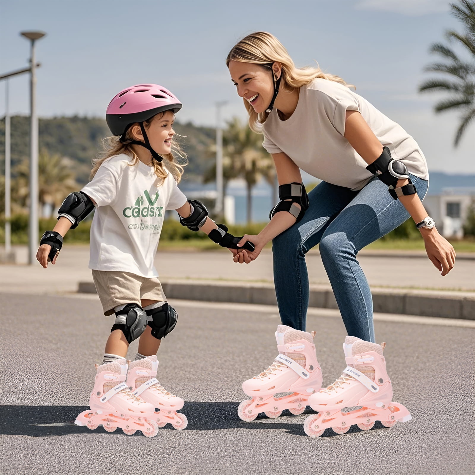 YYW Kids Inline Skates with Light Up Wheels,4-Size Adjustable Roller Skates for Girls(Pink,M)