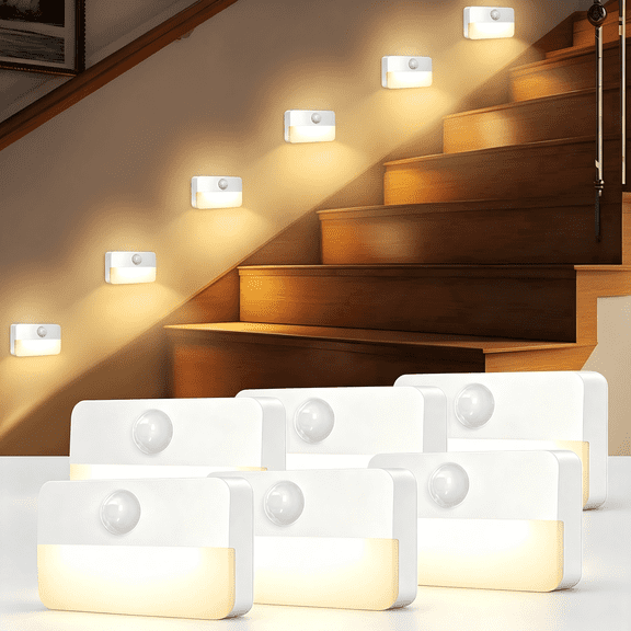 Motion Sensor Stair Lights Indoor, Battery Operated Night Lights, Warm White Stick on Anywhere LED Lamps, Portable Lighting for Hallway Bedroom Under Cabinet Kitchen, 6 Pack